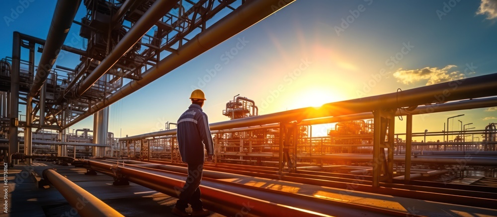Naklejka premium Engineer working at oil and gas plant. Refinery plant. Equipment steel pipes. Industry and factory