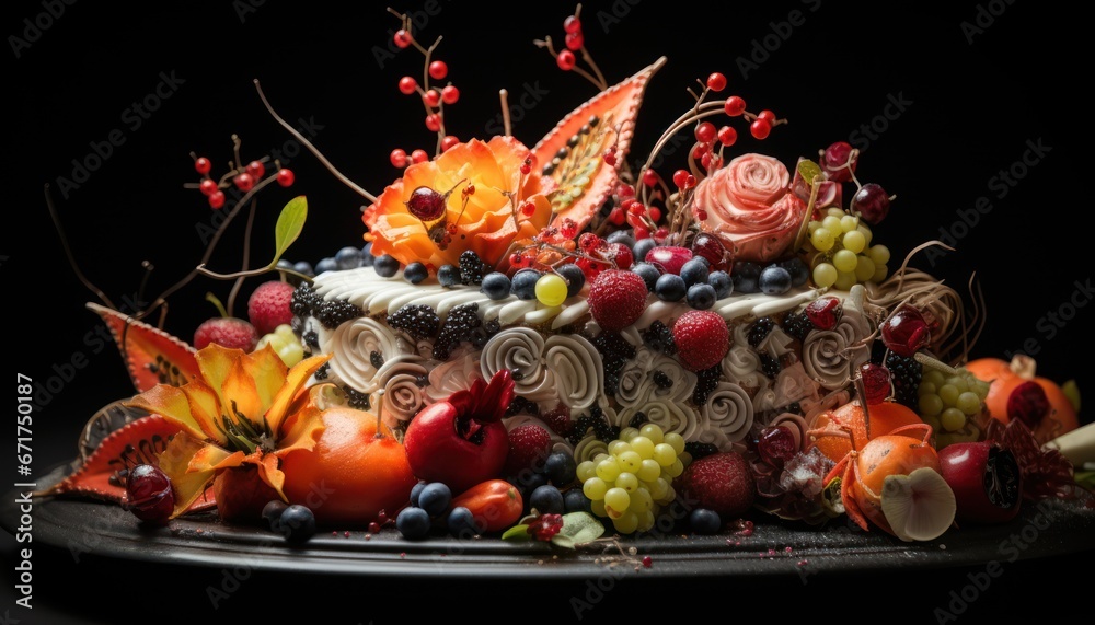 Photo of a Delicious Cake Adorned With Fresh, Vibrant, and Colorful Fruits and Blossoms