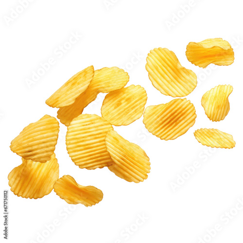 a flying and falling ridged potato chips isolated on a transparent background. PNG cutout or clipping path: