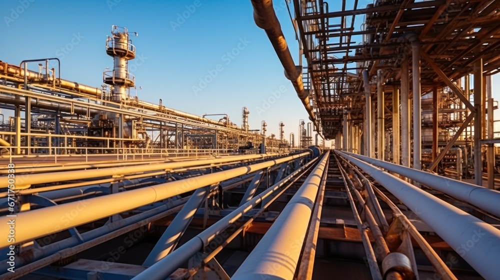 Obraz premium Steel Pipeline of Oil and gas plant with pipe rack. Refinery plant. industrial and factory