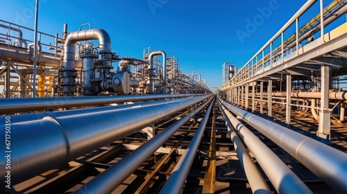 Steel Pipeline of Oil and gas plant with pipe rack. Refinery plant. industrial and factory