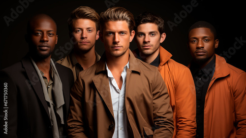 diversity concept group of men standing together, confident multicultural males beauty in studio setting