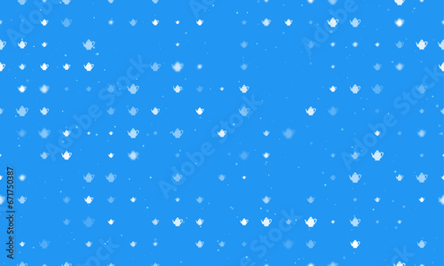Seamless background pattern of evenly spaced white teapots of different sizes and opacity. Vector illustration on blue background with stars