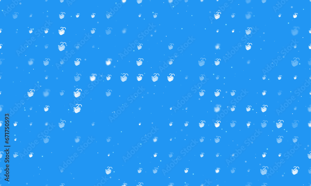 Seamless background pattern of evenly spaced white washing hands symbols of different sizes and opacity. Vector illustration on blue background with stars