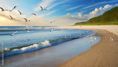 Tranquil Beach with Seagulls in Flight
