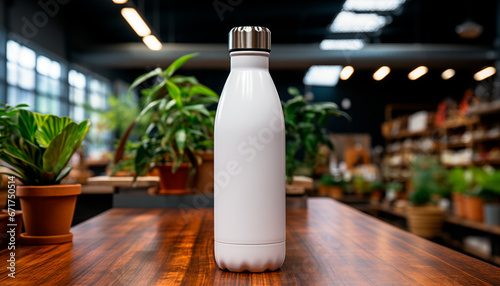 Mockup white reusable thermal water bottles on a table 