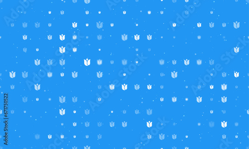 Seamless background pattern of evenly spaced white tulips of different sizes and opacity. Vector illustration on blue background with stars