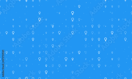 Seamless background pattern of evenly spaced white venus symbols of different sizes and opacity. Vector illustration on blue background with stars