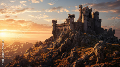 An old castle stands tall atop a hill, its crumbling walls illuminated by the setting sun