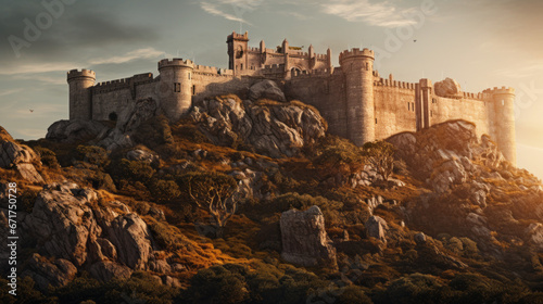 An old castle stands tall atop a hill, its crumbling walls illuminated by the setting sun photo