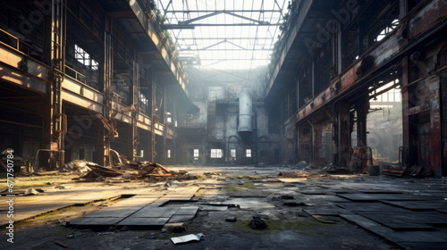 An old abandoned factory looms large in the distance, its broken windows and crumbling walls a reminder of the past photo