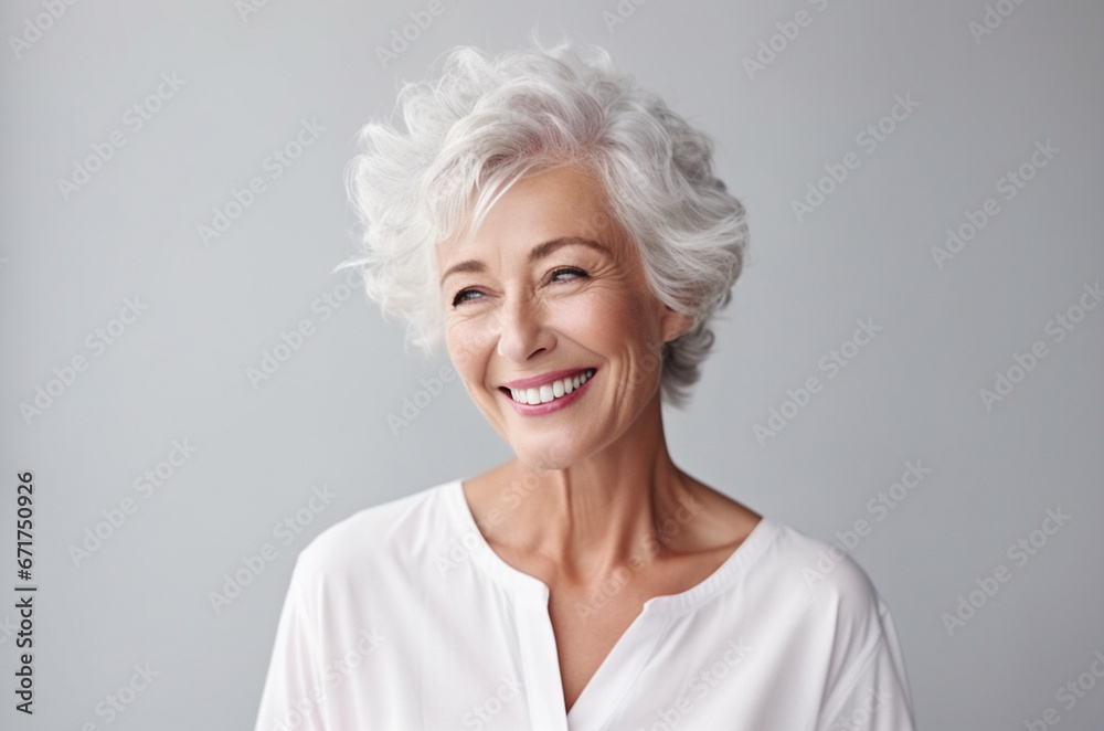 Portrait of attractive elderly happy laughing woman with gray hair over gray background. AI generated