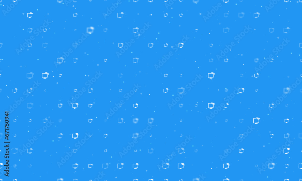 Seamless background pattern of evenly spaced white distance learning symbols of different sizes and opacity. Vector illustration on blue background with stars