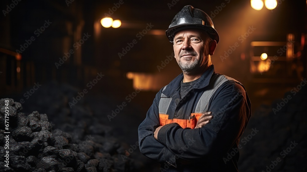 Obraz premium Mine workers wearing hardhats standing in a mine