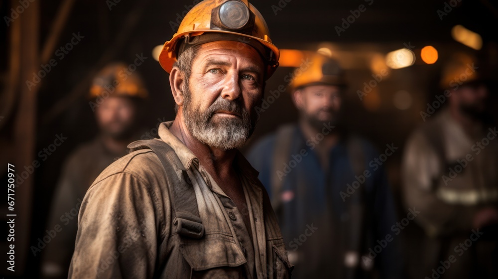 Mine workers wearing hardhats standing in a mine