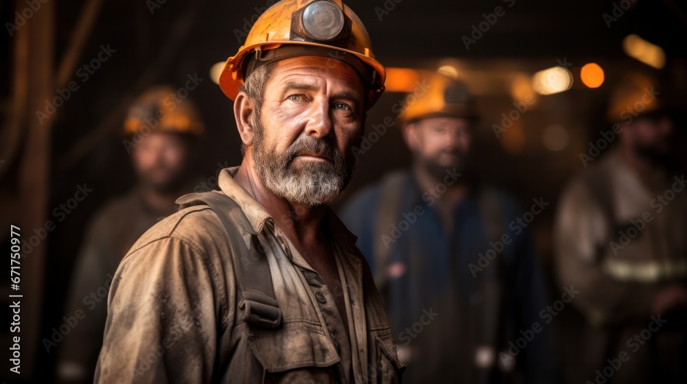 Mine workers wearing hardhats standing in a mine Mine workers wearing hardhats standing in a mine