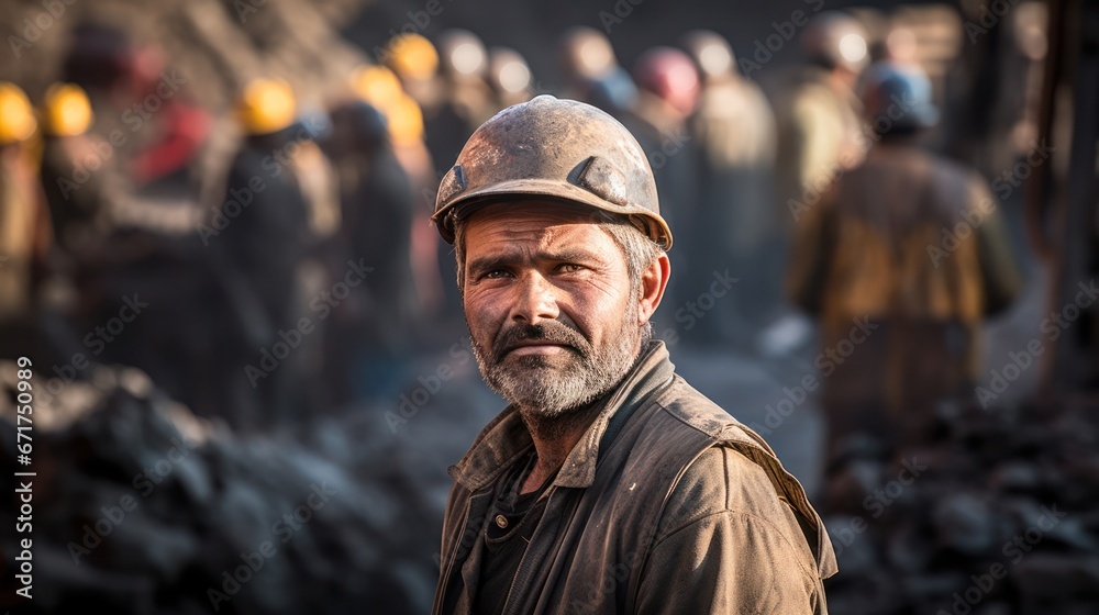 Mine workers wearing hardhats standing in a mine Mine workers wearing hardhats standing in a mine