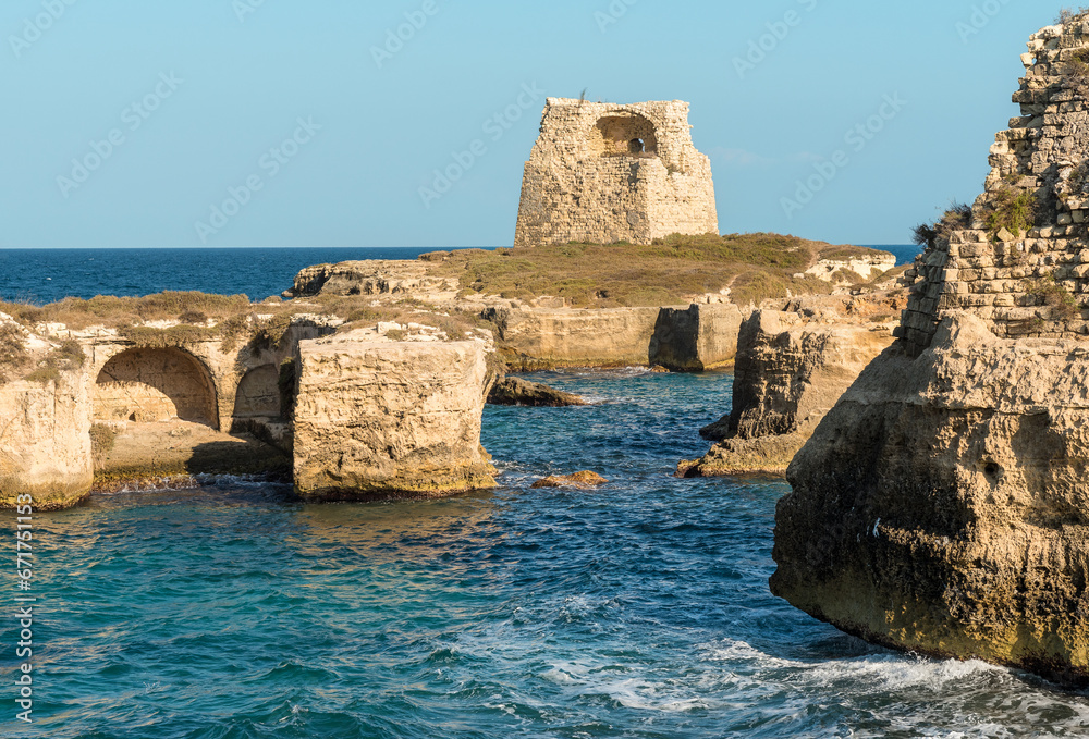 Landscape of Adriatic sea with view of Roca Vecchia, province of Lecce, Puglia, Italy