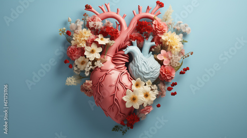 abstract image of a human heart with flowers on a blue background. copy space
