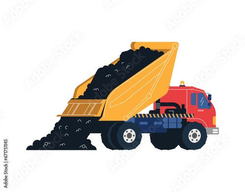 Construction truck unloads asphalt, construction machinery for road repair, vector heavy equipment illustration