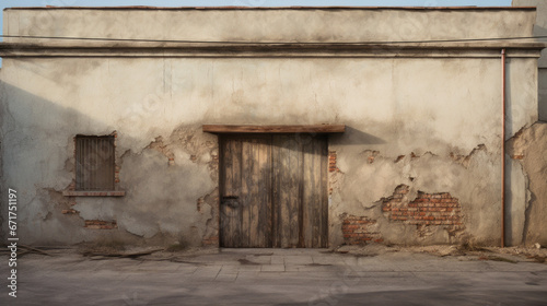 An old, abandoned building with a boarded up door and broken window photo