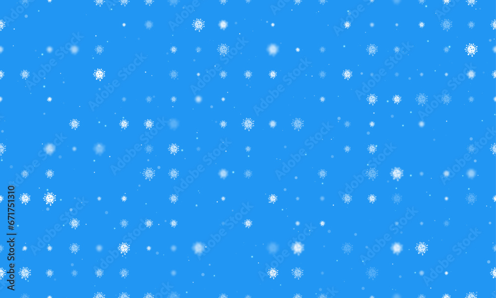 Seamless background pattern of evenly spaced white coronavirus symbols of different sizes and opacity. Vector illustration on blue background with stars Seamless background pattern of evenly spaced white coronavirus symbols of different sizes and opacity. Vector illustration on blue background with stars