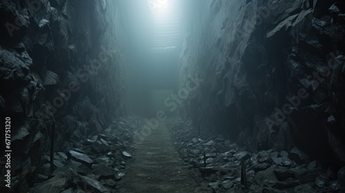 inside of the mine tunnel. Gold mine underground ore tunnel with rails