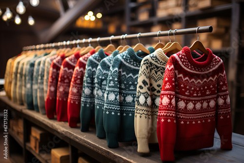 Christmas sweaters hang on a hanger in a store photo