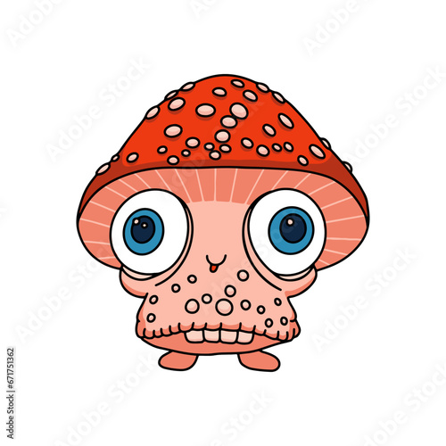 Retro groovy trippy mushroom character. Hippie psychedelic fly agaric. Hippy funky fungus. Vintage cartoon hallucinogenic nostalgic amanita. Trendy y2k pop culture. Vector contour illustration.