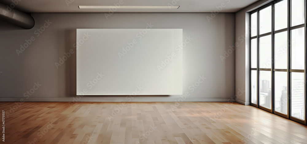 Spacious empty room with large blank canvas, big window, hardwood floor interior space for mock up Spacious empty room with large blank canvas, big window, hardwood floor interior space for mock up