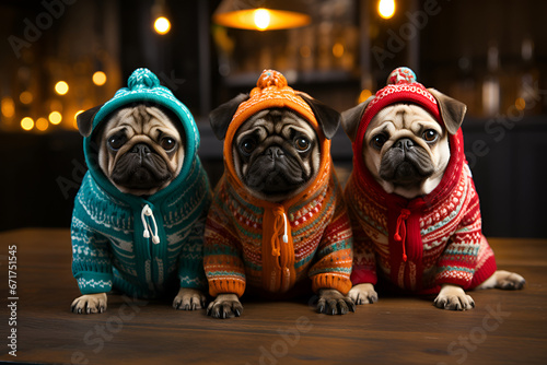 Three pug dogs in colorful Christmas clothes photo