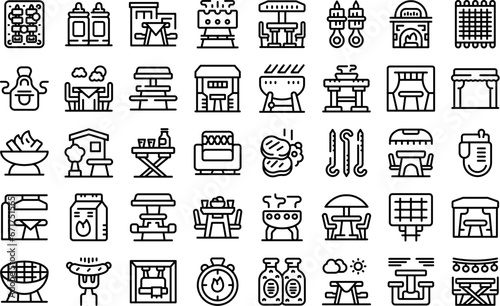 Picnic in the backyard icons set outline vector. Food grill summer. Party nature garden