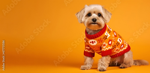 A charming small dog adorns a Christmas sweater on an orange backdrop