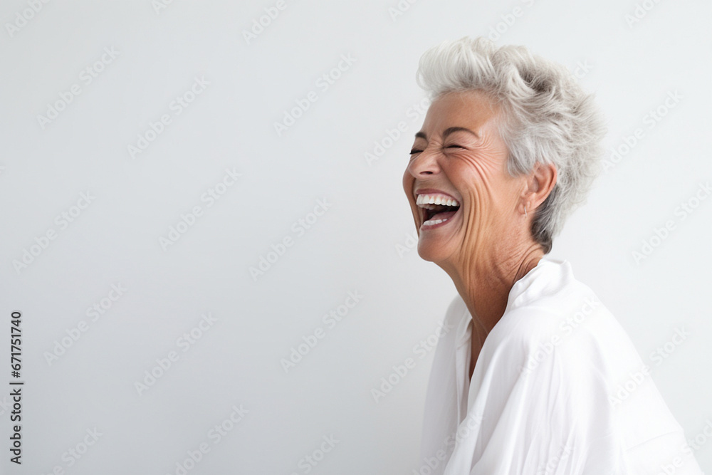 Portrait of attractive elderly happy laughing woman with gray hair over gray background. AI generated Portrait of attractive elderly happy laughing woman with gray hair over gray background. AI generated