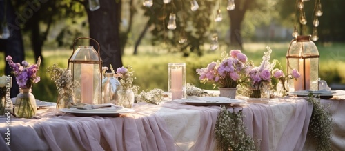 Outdoor wedding decoration with candles dried flowers accessories table with linen tablecloth green lawn nobody photo