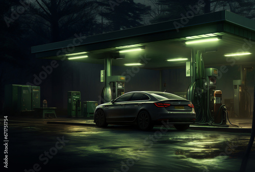 Car at gas station at night. Gas station at night with car charging. Empty gas station. © Rabbit_1990