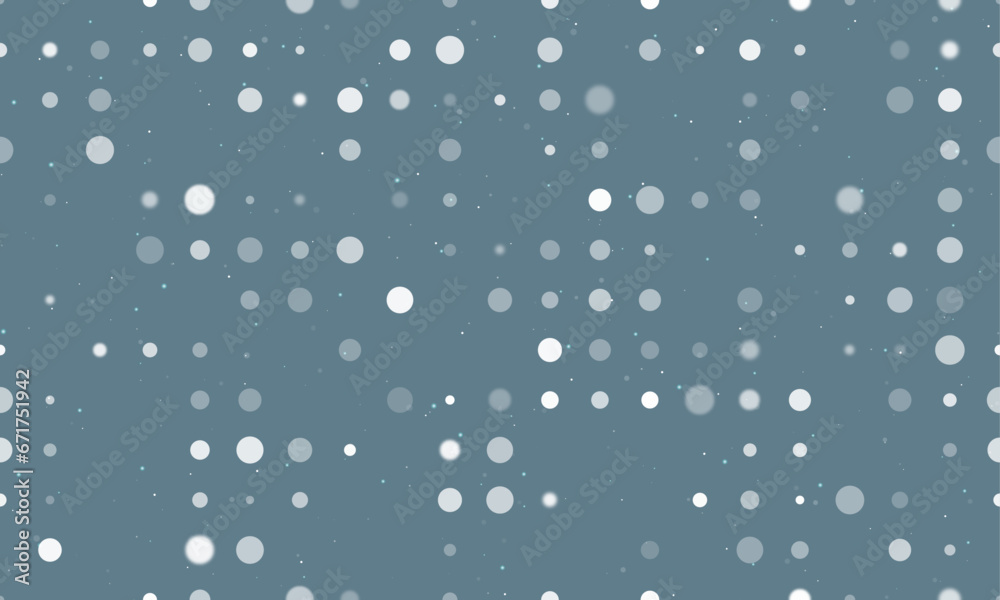 Seamless background pattern of evenly spaced white circles of different sizes and opacity. Vector illustration on blue grey background with stars