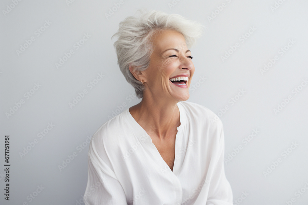 Portrait of attractive elderly happy laughing woman with gray hair over gray background. AI generated