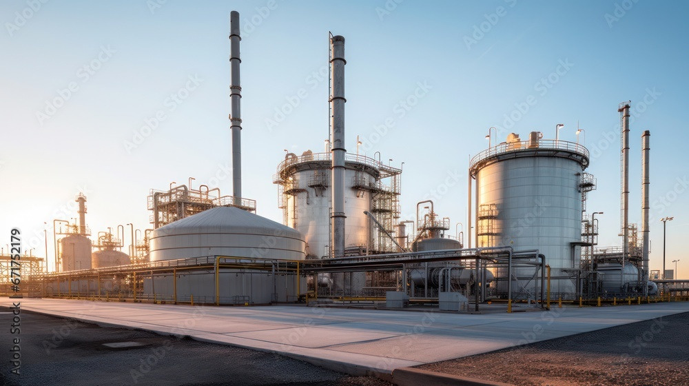 Obraz premium Industrial oil and gas plant. Refinery plant. Equipment steel pipes. industrial pipeline and factory