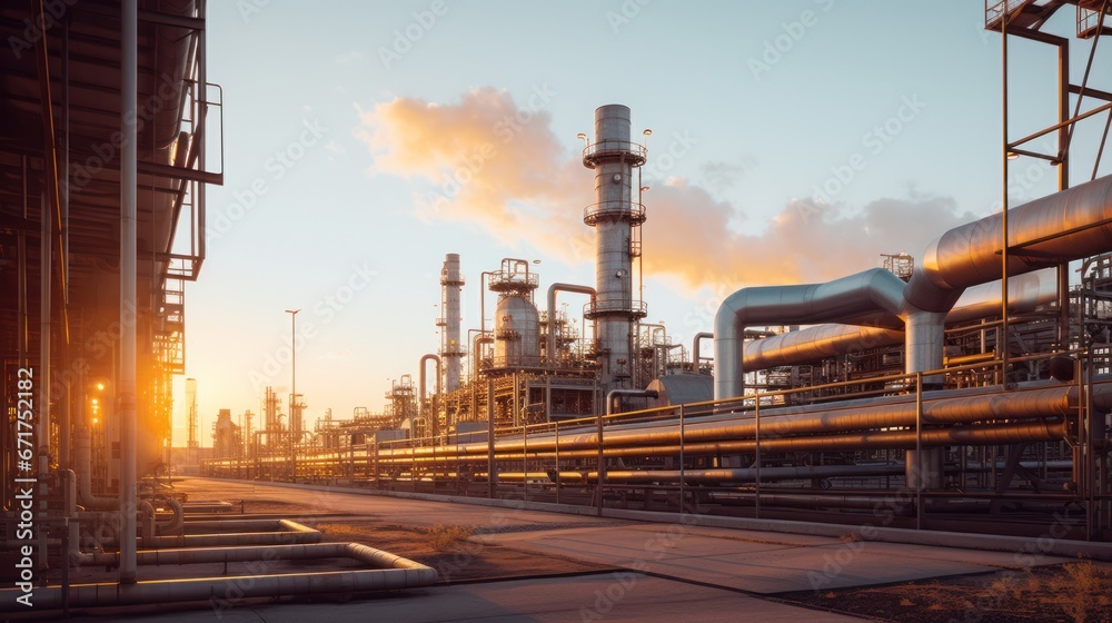 Fototapeta premium Industrial oil and gas plant. Refinery plant. Equipment steel pipes. industrial pipeline and factory