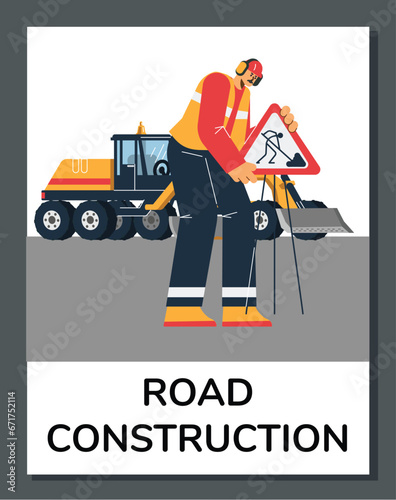 Road construction works and services advertising banner vector illustration.