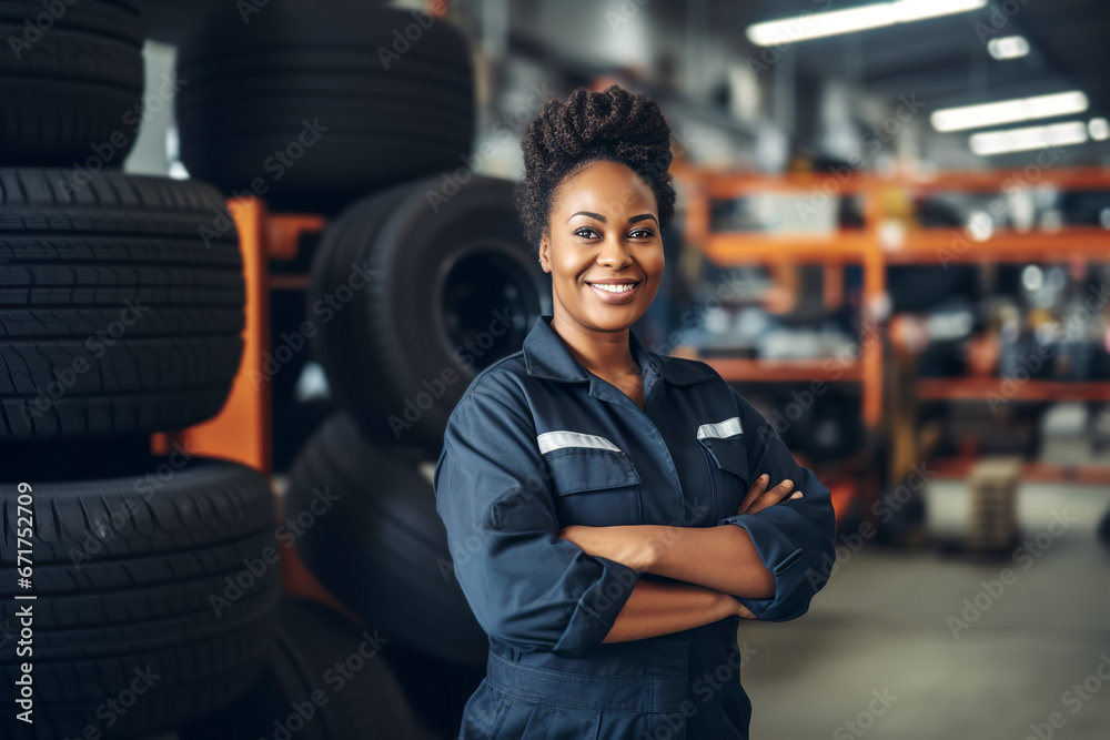 Portrait of African American female auto mechanic working in an auto repair shop and changing wheel alloy tire - obrazy, fototapety, plakaty 
