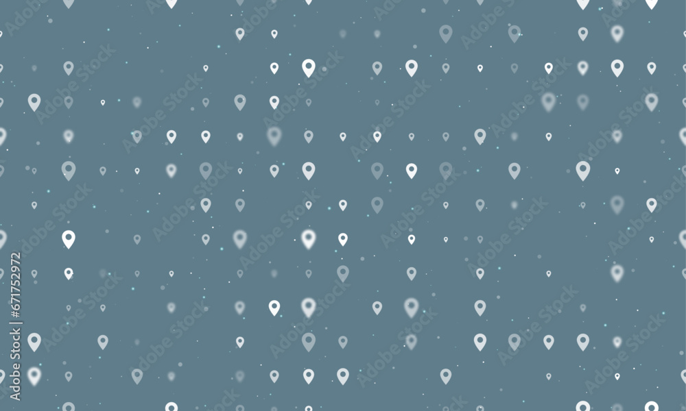 Seamless background pattern of evenly spaced white location symbols of different sizes and opacity. Vector illustration on blue grey background with stars