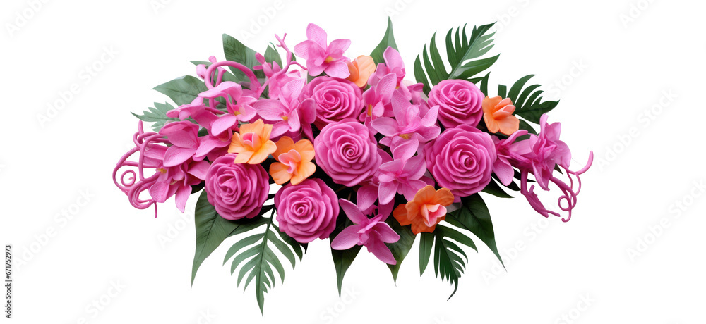 spring bouquet with dusty pink and cream roses, peonies, hydrangeas, and tropical leaves, isolated on a transparent background. PNG, cutout, or clipping path.