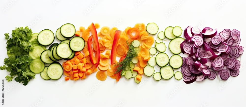 Vegetables of various kinds sliced and diced placed on a white backdrop