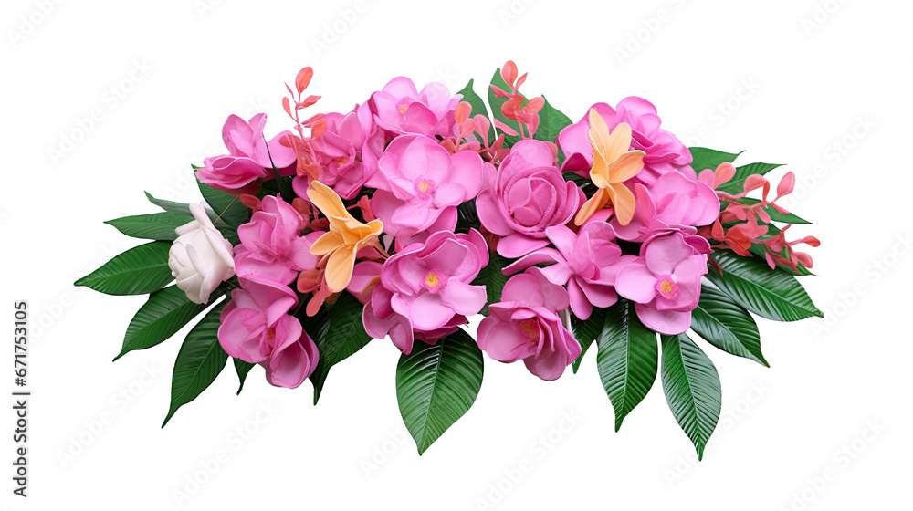 a spring bouquet with dusty pink and cream roses, peonies, hydrangeas, and tropical leaves, isolated on a transparent background. PNG, cutout, or clipping path.