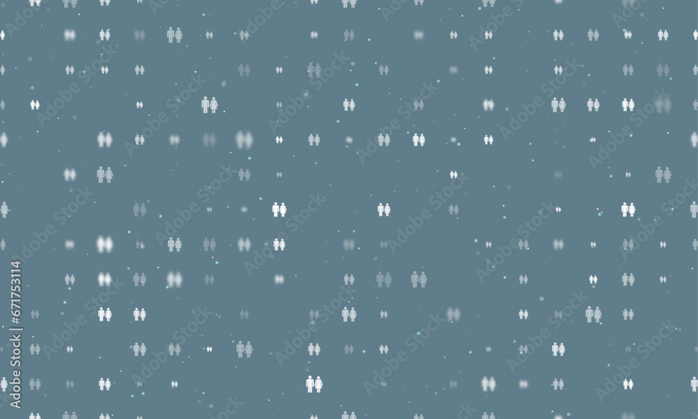 Seamless background pattern of evenly spaced white man with woman symbols of different sizes and opacity. Vector illustration on blue grey background with stars Seamless background pattern of evenly spaced white man with woman symbols of different sizes and opacity. Vector illustration on blue grey background with stars