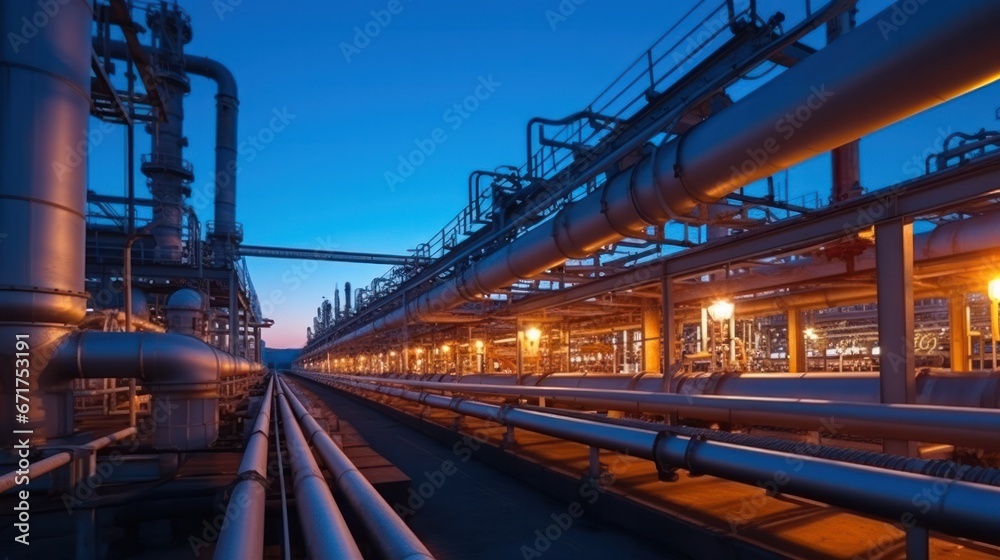 Obraz premium Steel Pipeline of Oil and gas plant with pipe rack. Refinery plant. industrial and factory