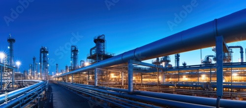 Steel Pipeline of Oil and gas plant with pipe rack. Refinery plant. industrial and factory