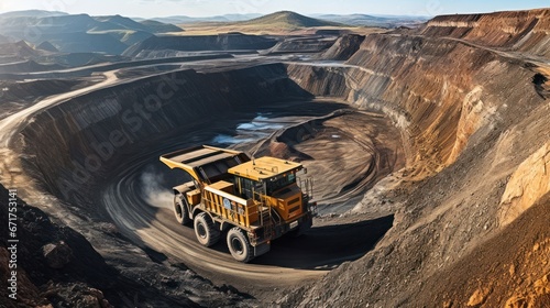 Open pit mine industry, big yellow mining truck for coal quarry photo